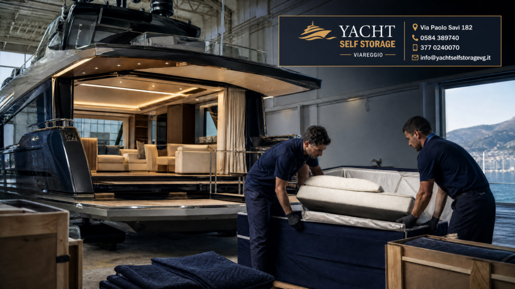 Tecnici proteggono un arredo di bordo durante il refit di uno yacht